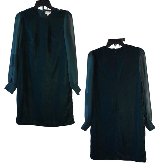 NWT, J. Crew, Velvet Sheer Long Sleeve Shift Mini Dress, Old Forest, Green - Picture 2 of 7